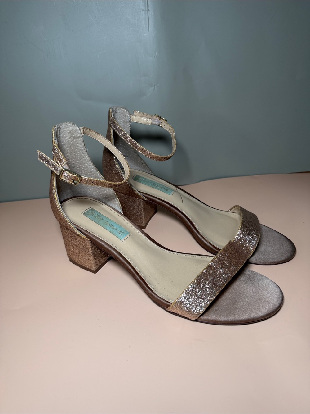 Betsey Johnson Rose Gold Glitter Ankle Strap Block Heels